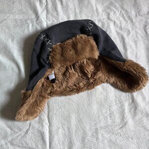Grey hat with brown fuzzy lining - winter hat with ear flaps